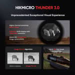 Grafik som visar Hikmicro Thunder 3.0 med Image Pro 2.0 algoritm, OLED-display och HSIS-system.