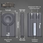 Produktgrafik som visar mått, trådlös laddningsyta, integrerade kablar och stödben på Hunter Powerbank BP-Slim 2.