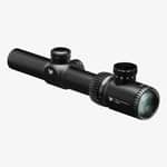 Vortex Crossfire II 1-4x24 kikarsikte med belyst V-Brite riktmedel i sned vy, med synliga justeringsreglage