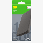 Grön och grå förpackning för GP PowerBank 3-Port med 10000 mAh, där en svart powerbank med mönstrad yta och USB-portar syns snett genom framsidan
