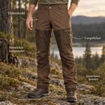 Man i bruna Pinewood Furudal Active 2L byxor och bruna kängor på en bergsknalle i skogen, med textmarkeringar för väderskydd, cargofickor, förstärkta knäpaneler och justerbara benslut