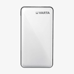 Vit och svart powerbank från Varta sedd rakt framifrån med Varta-logotyp och mönstrad triangelstruktur på den nedre vänstra delen av ytan