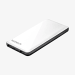 Vit och svart Varta powerbank sedd snett uppifrån med Varta-logotyp, texturerat mönster på ovansidan, två USB-A-portar, en USB-C-port, en micro-USB-port och en strömknapp på kortsidan