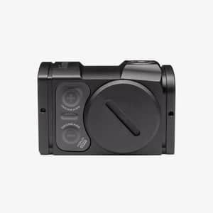 Sidovy av Aimpoint Acro C-2 rödpunktsikte som visar batterilock och knappar för ljusstyrka