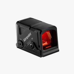 Aimpoint COA R 3.5 MOA rödpunktssikte sedd från en vinklad höger vy framifrån med röd linsreflektion