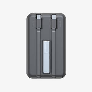 Baksidan av Hunter Powerbank BP-Slim 2 som visar de inbyggda USB-C-kablarna och det integrerade stödbenet.