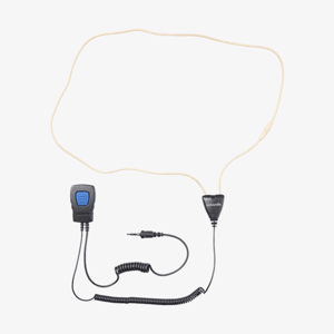Lafayette hörslinga med miniheadset SMART för jaktradio med PTT-knapp och 3.5mm kontakt sett från ovan.