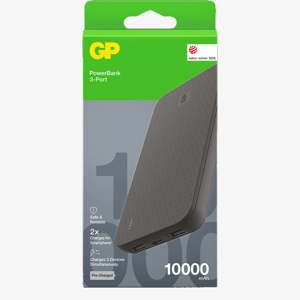 Grön och grå förpackning för GP PowerBank 3-Port med 10000 mAh, där en svart powerbank med mönstrad yta och USB-portar syns snett genom framsidan