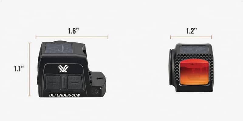 Vortex Defender-CCW enclosed rödpunktsikte med måttangivelser och vyer framifrån och bakifrån