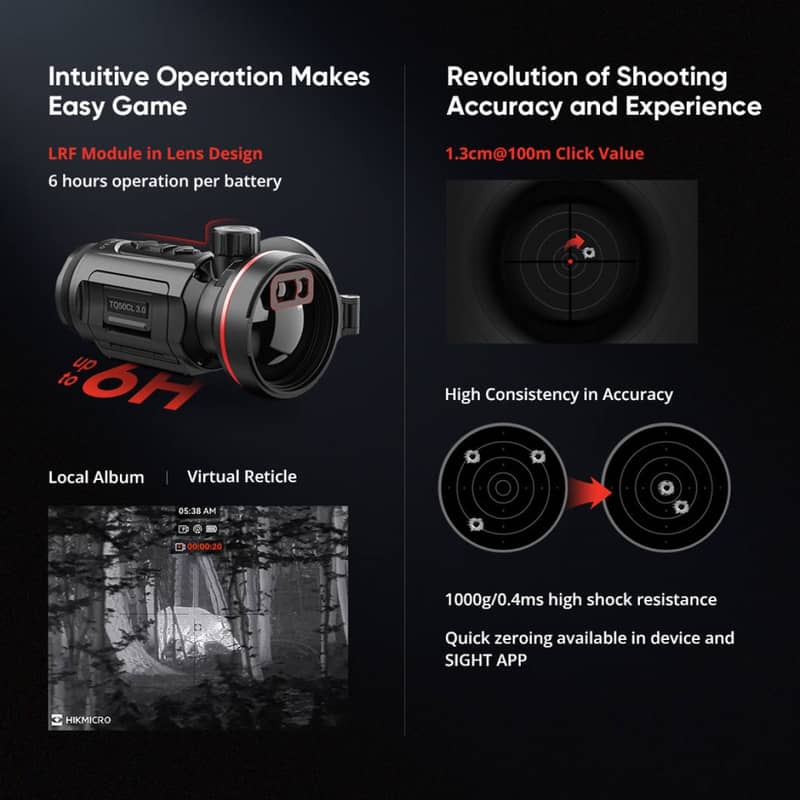 Infografik som visar funktioner för Hikmicro Thunder 3.0 TH35C inklusive batteritid, precision vid inskjutning och stöttålighet.