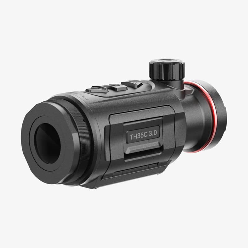 Hikmicro Thunder 3.0 TH35C termisk clip-on visad ur en bakre vinklad vy som visar okulardelen och kontrollknappar.