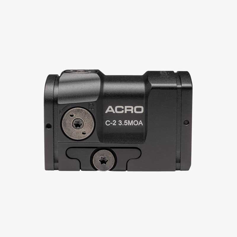 Sidovy av Aimpoint Acro C-2 3,5 MOA rödpunktsikte med fokus på justeringsskruvar