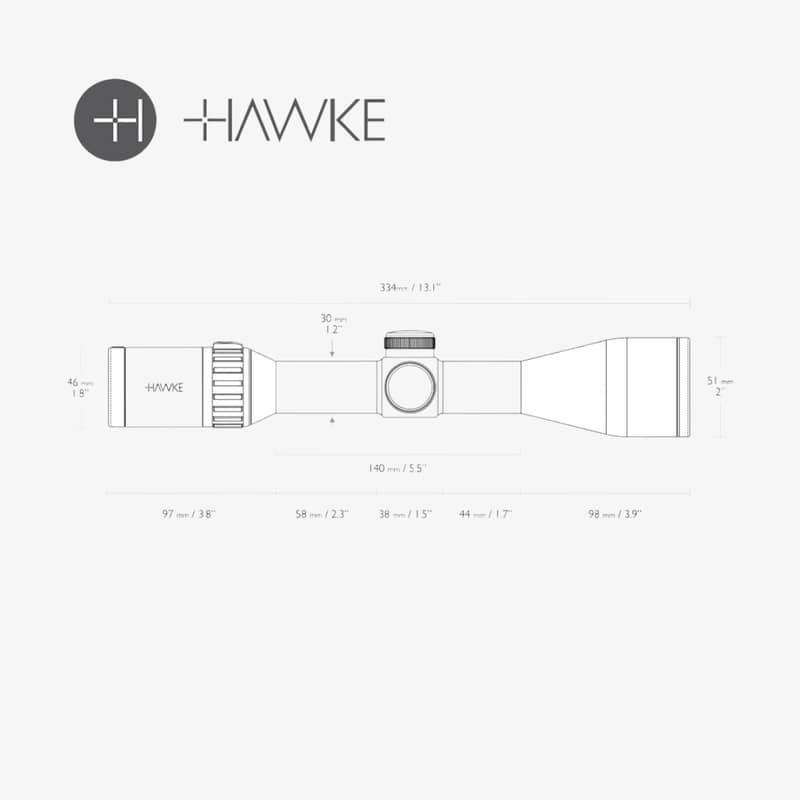 Teknisk ritning som visar dimensioner och specifikationer för Hawke Endurance 30 FD 2-12x50 LR2 kikarsikte
