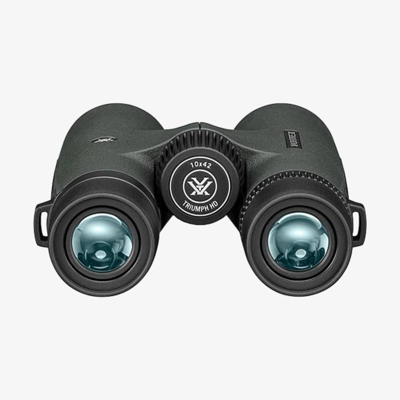 Baksida av Vortex Triumph HD 10x42 kikare med fokus på okular och logotyp på fokuseringshjulet