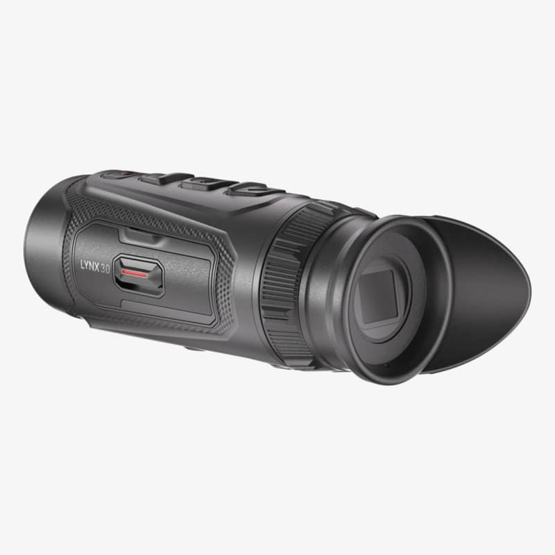 Vinklad bakvy av Hikmicro Lynx LE10 3.0 termisk monokular som visar okularet och kontrollknappar.