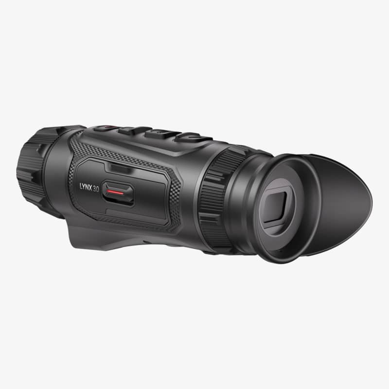 Vinklad vy bakifrån av Hikmicro Lynx LQ35L 3.0 termisk monokular som visar okularet och kontrollknappar.