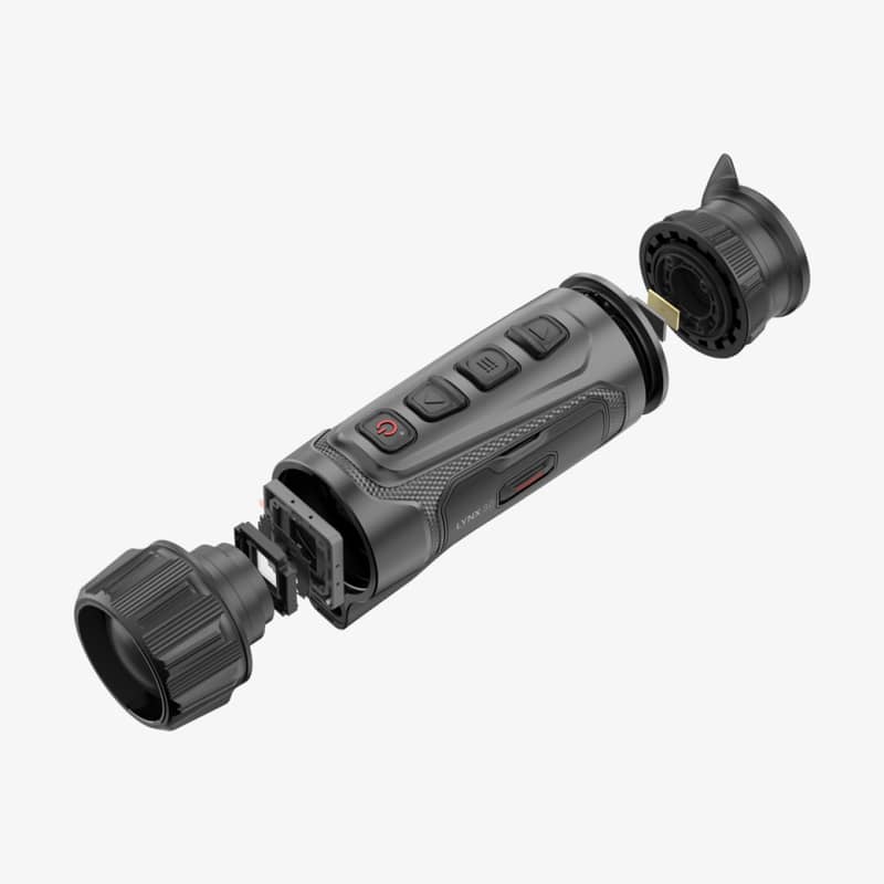 En sprängskiss som visar de interna komponenterna och konstruktionen av Hikmicro Lynx LQ35L 3.0 termisk monokular.
