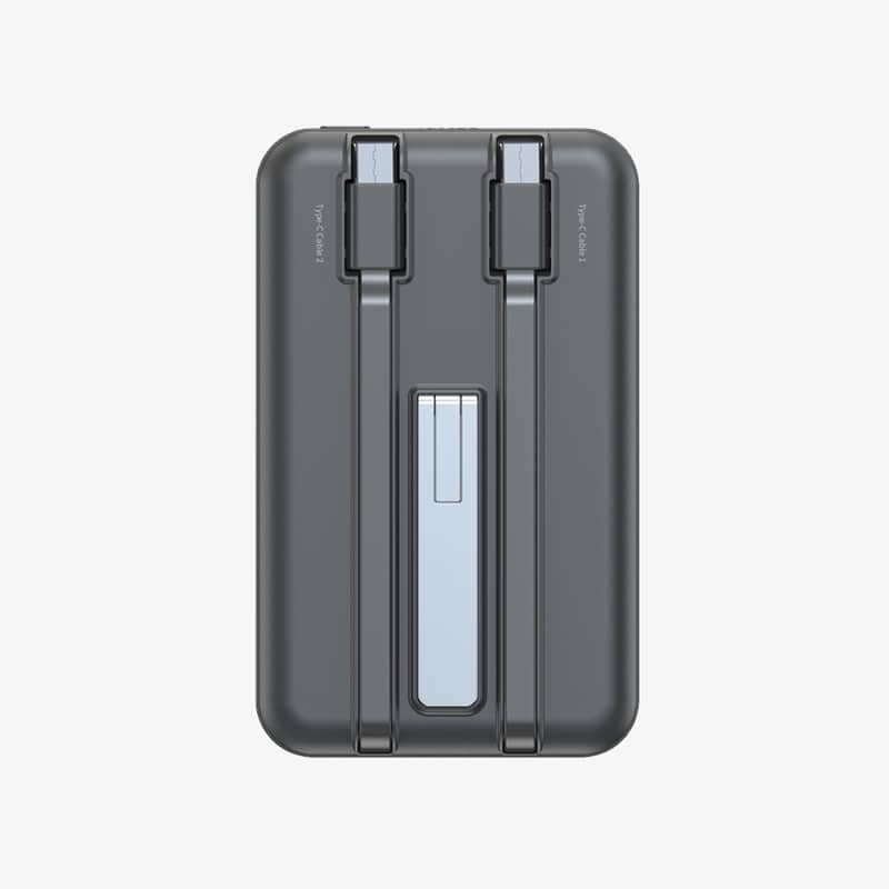 Baksidan av Hunter Powerbank BP-Slim 2 som visar de inbyggda USB-C-kablarna och det integrerade stödbenet.