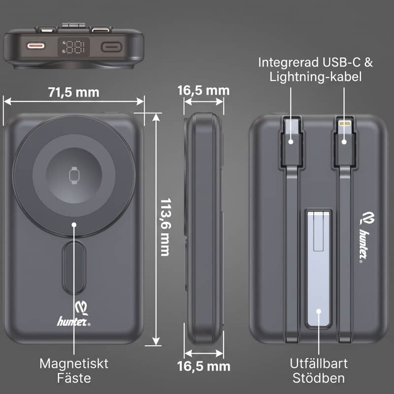 Produktgrafik som visar mått, trådlös laddningsyta, integrerade kablar och stödben på Hunter Powerbank BP-Slim 2.