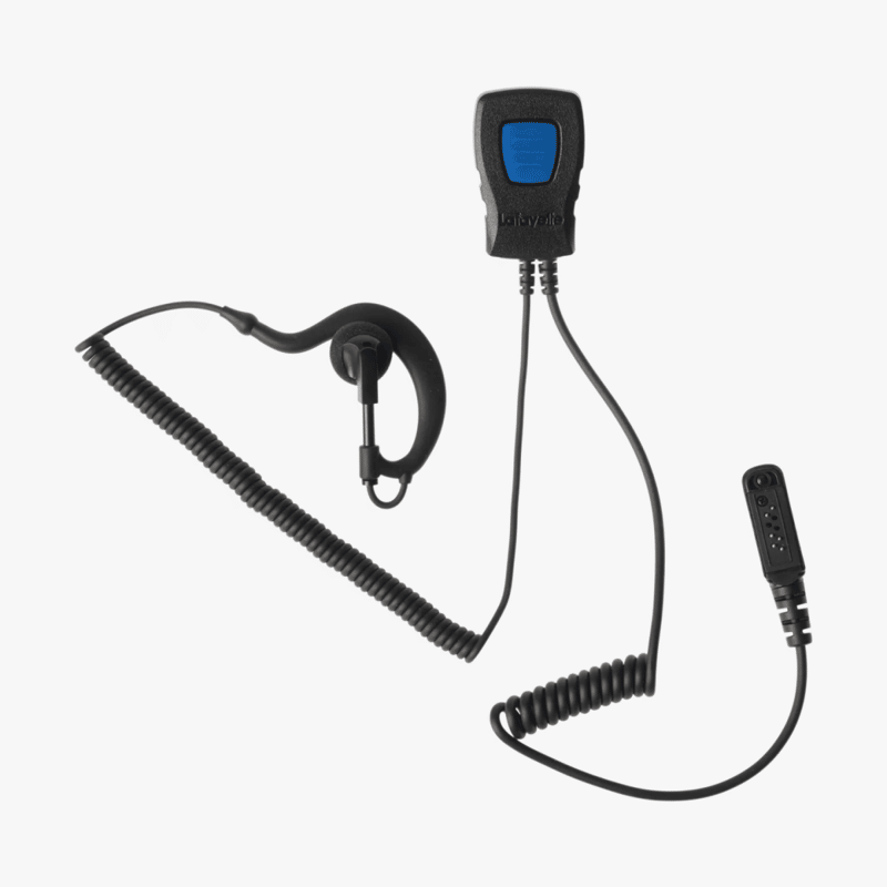 lafayette-inre-miniheadset-icomgenzo-1 Lafayette inre miniheadset för Icom och Genzo med öronbygel, mikrofon och kontakt sedd framifrån.