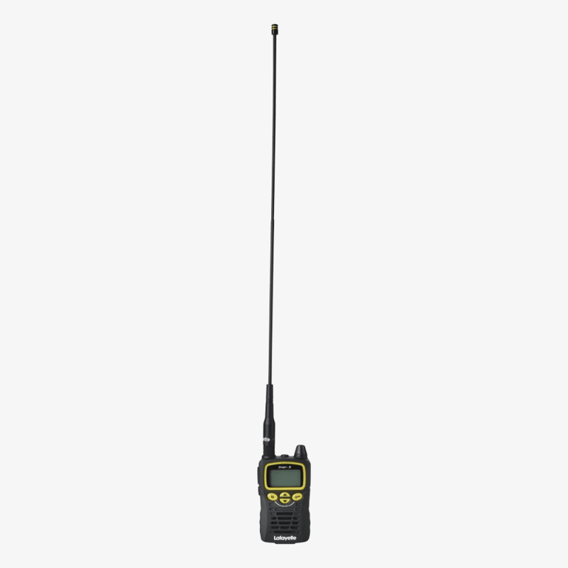 Lafayette Smart 31 jaktradio utrustad med en lång skogsantenn sedd framifrån.