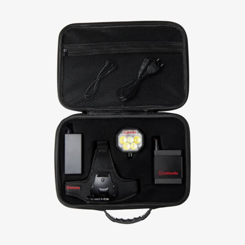 Lafayette Pro Light HL-35 pannlampa med batterier och tillbehör i öppet fodral