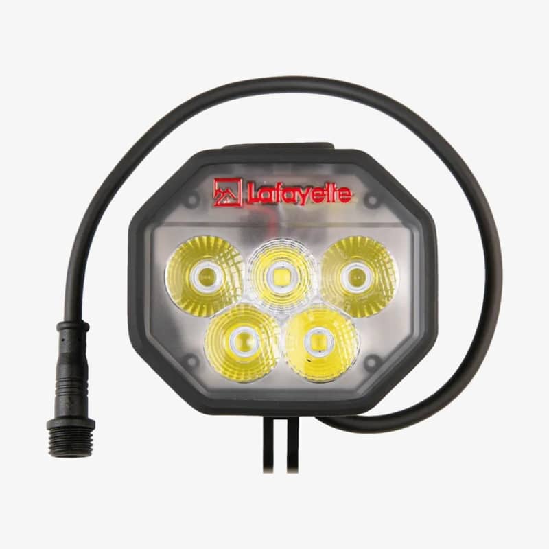 Framsida av Lafayette Pro Light HL-35 pannlampa med fem LED-linser och anslutningskabel