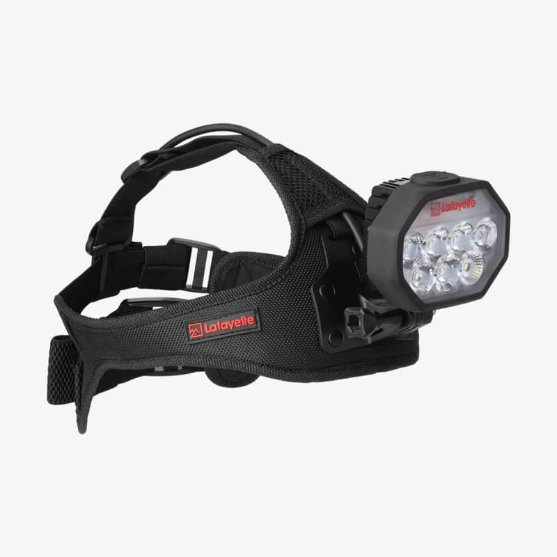 Lafayette Pro Light HL-50 pannlampa med lampenhet och justerbart huvudband, sedd framifrån