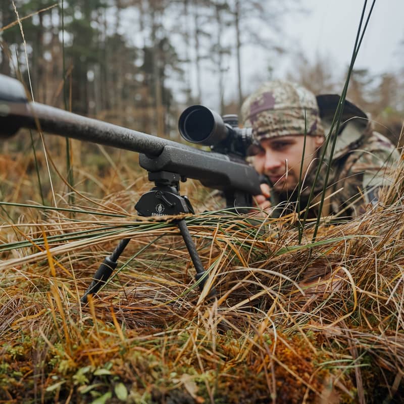 En jägare i kamouflagekläder som siktar med ett gevär monterat på ett Spartan Javelin Lite TL benstöd i skogsterräng.