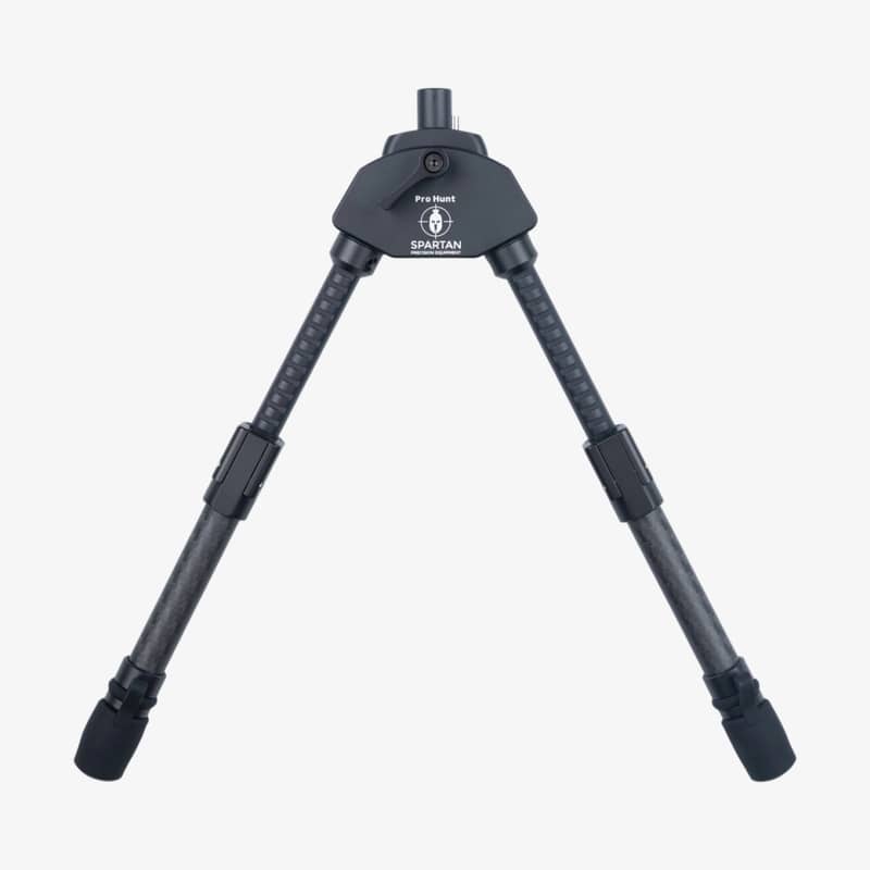 Spartan Javelin Pro Hunt Tac benstöd i kolfiber sett framifrån mot vit bakgrund.