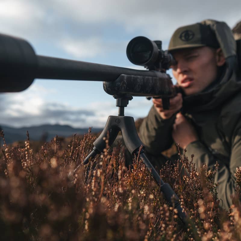 Spartan Springbok bipod monterad på ett gevär i höglandsterräng vid jakt.