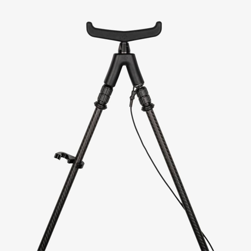 Närbild på den övre delen av Spartan Springbok Quad skjutstöd med kolfiberben och v-yoke.