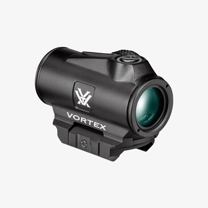 Vortex Triumph rödpunktsikte sedd från en vinklad baksida med siktets lins och justeringsratt synliga