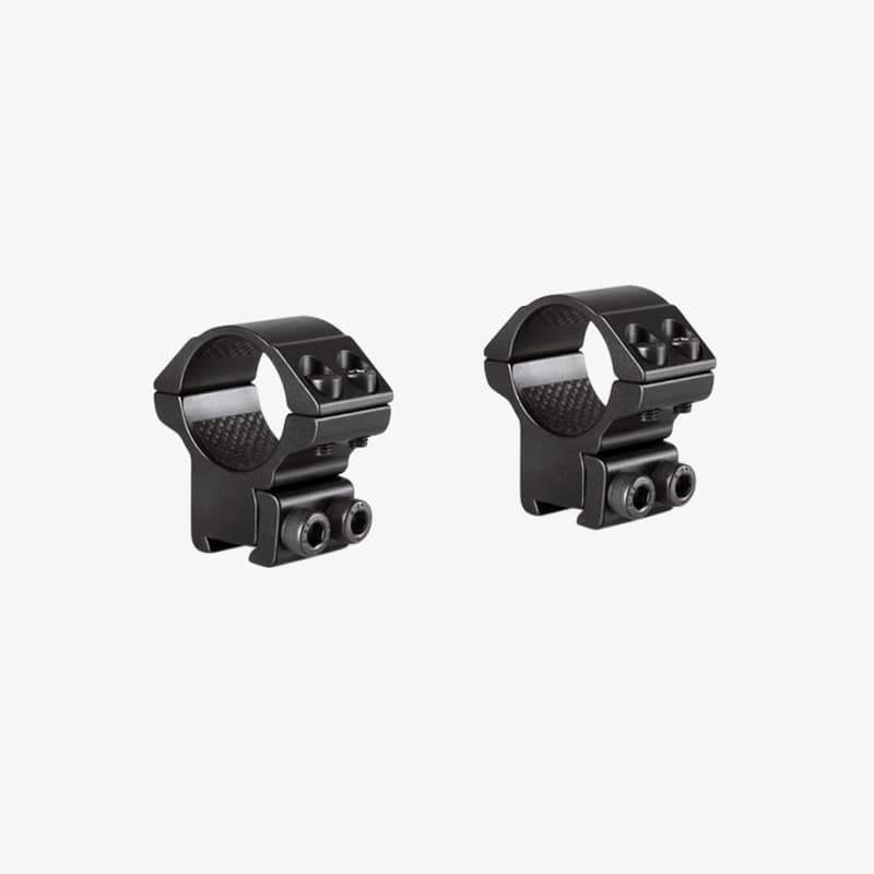hawke-ringar-30-mm-for-laxspar-9-11-mm-1 Två svarta Hawke kikarsiktesringar 30 mm för 9-11 mm laxspår sedda från sidan i vinkel