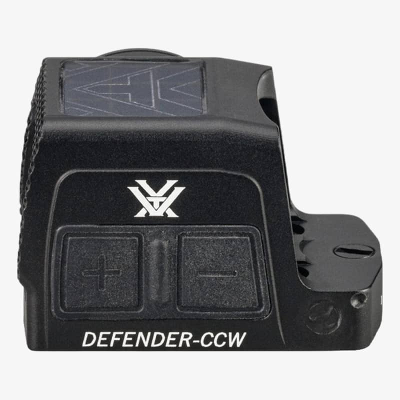 Närbild av baksidan på Vortex Defender-CCW rödpunktsikte med Vortex-logotyp, plus- och minusknappar samt sidoplats