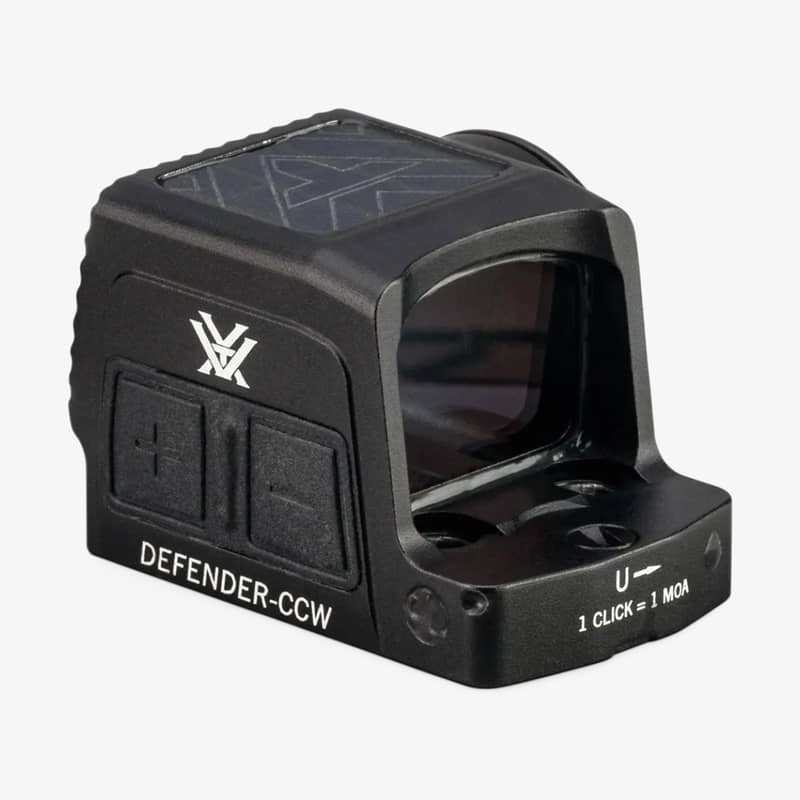 Vortex Defender-CCW slutet rödpunktsikte i främre vinklad vy med synliga sidoknappar och justeringar