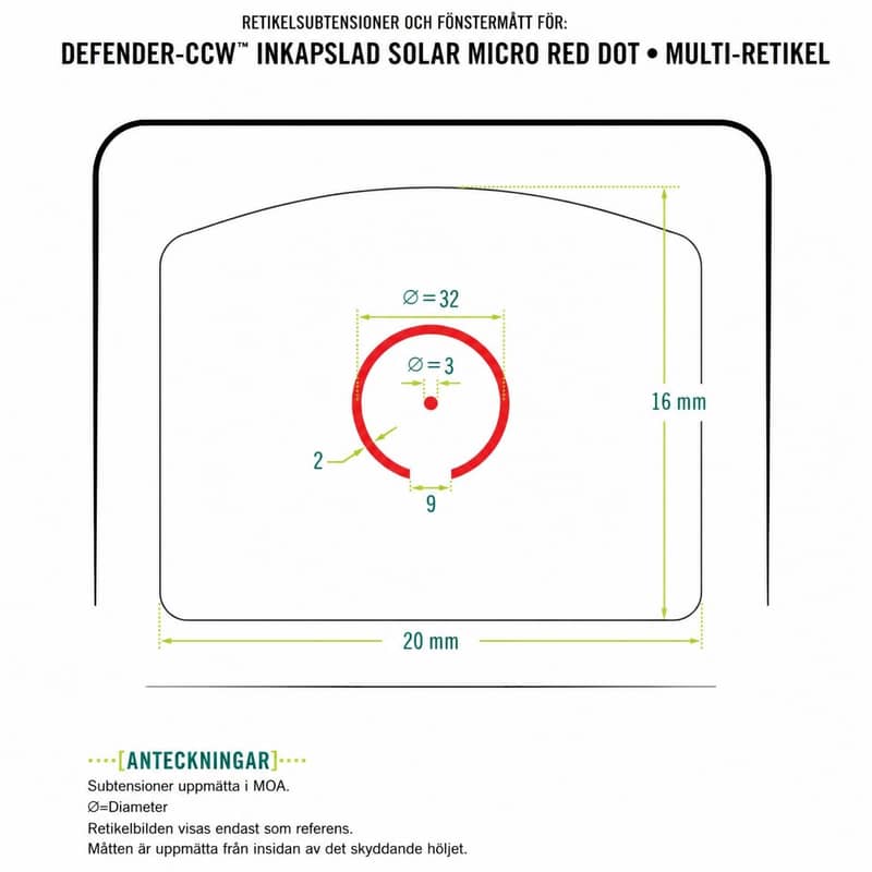 Diagram över retikelsubdimensioner och fönstermått för Vortex Defender-CCW med 3 MOA punkt och 32 MOA cirkel