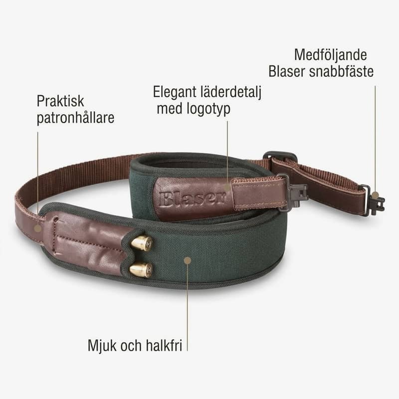 Grön Blaser gevärsrem med brun läderdetalj och präglad logotyp, patronhållare för två patroner och medföljande snabbfäste, med svenska textförklaringar av funktionerna