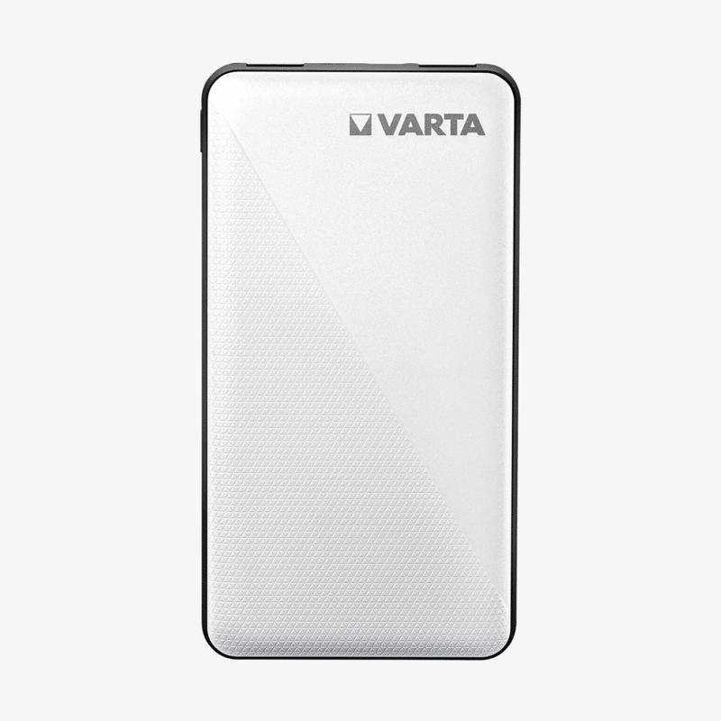 Vit och svart powerbank från Varta sedd rakt framifrån med Varta-logotyp och mönstrad triangelstruktur på den nedre vänstra delen av ytan