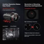 Infografik som visar funktioner för Hikmicro Thunder 3.0 TH35C inklusive batteritid, precision vid inskjutning och stöttålighet.