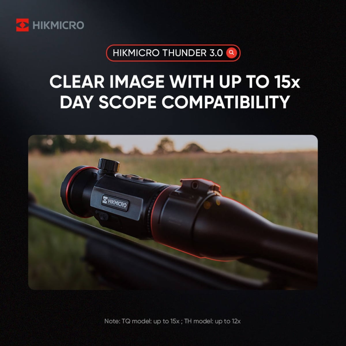 Hikmicro Thunder 3 kompatibilitet med kikarsikte Grafik som visar Hikmicro Thunder 3 TH35C monterad på ett traditionellt kikarsikte med kompatibilitet upp till 13x förstoring.