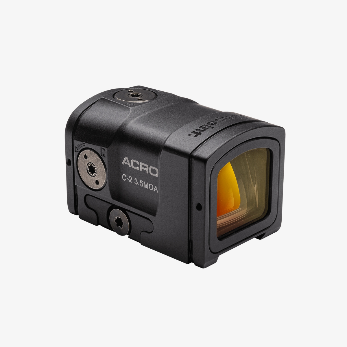 Aimpoint Acro C-2 vinklad bakifrån Aimpoint Acro C-2 3,5 MOA rödpunktsikte sedd snett bakifrån med fokus på den slutna konstruktionen och justerskruvar.
