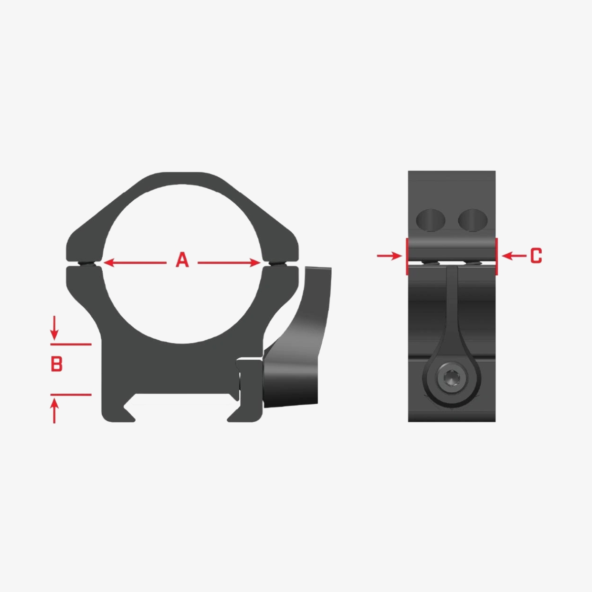 Warne Maxima Horizontal QD måttillustration Måttillustration av Warne Maxima Horizontal QD stålringar för 30 mm kikarsikte, visad framifrån och från sidan med måttmarkeringar.