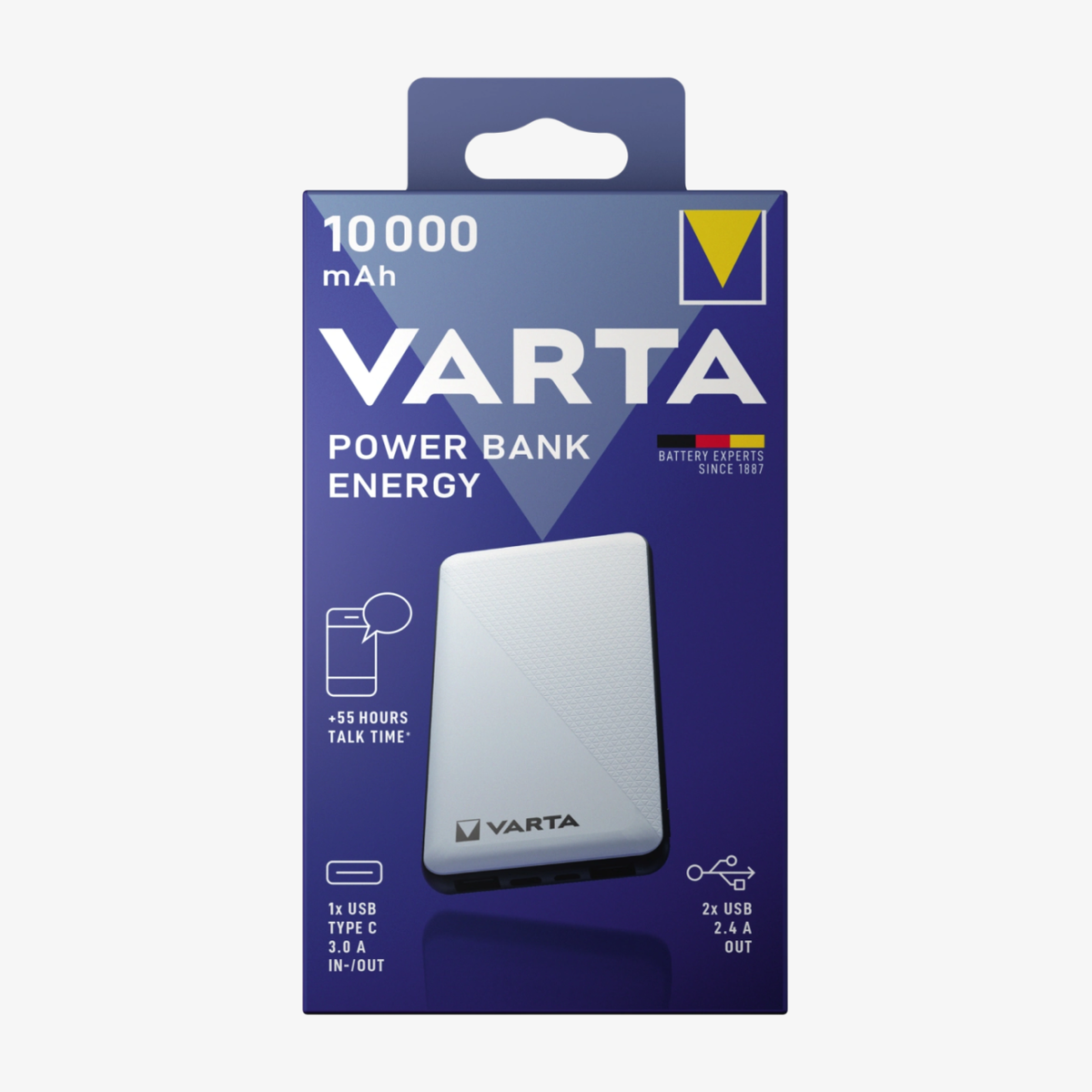 Förpackning framifrån för Varta Power Bank Energy 10000 mAh i blått med vit powerbank, USB-C- och USB-symboler samt texten 55 timmars taltid